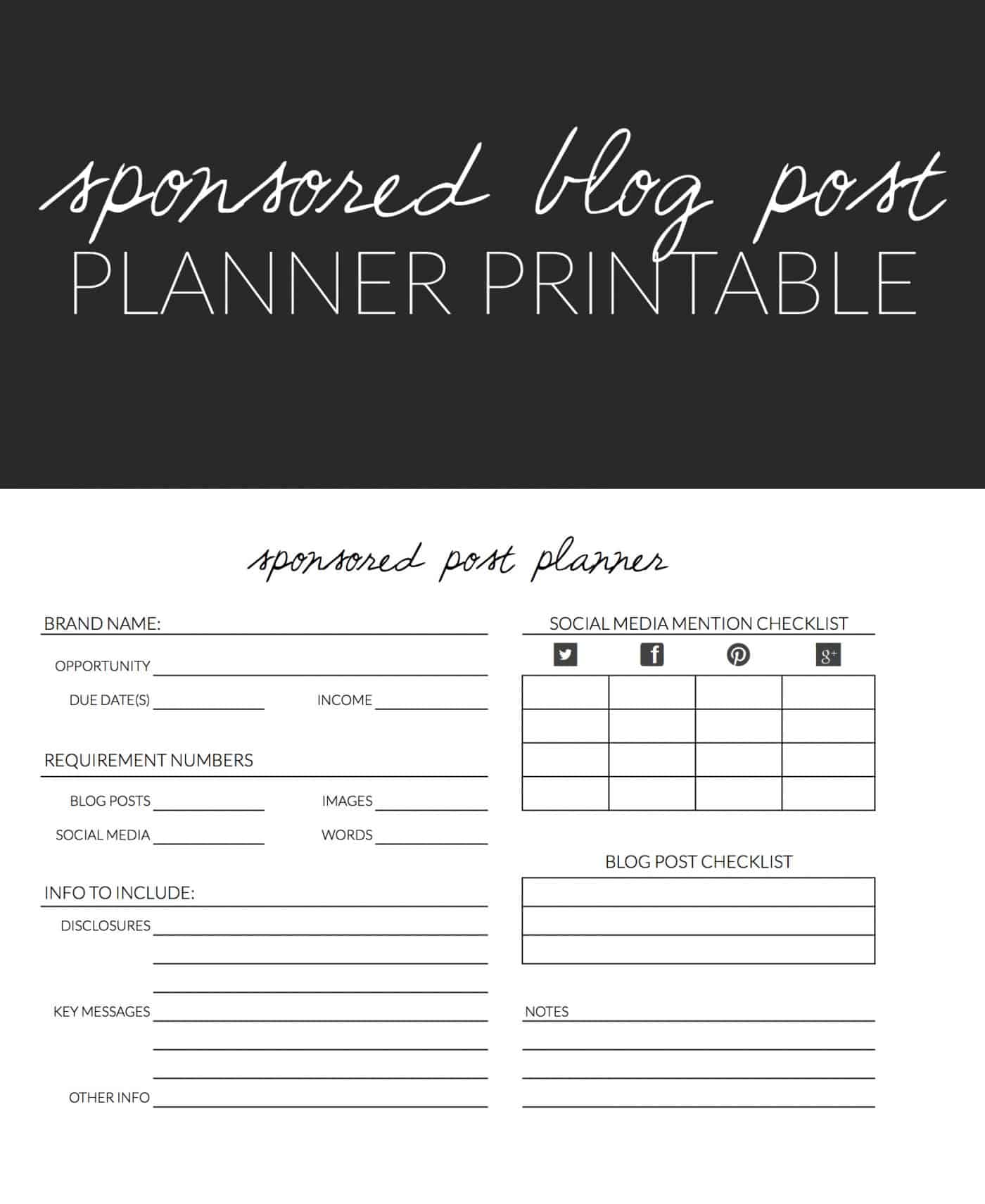 Free Sponsored Blog Post Planner Printable