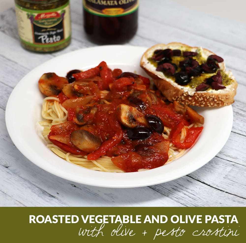 Roasted Vetable Pasta with Olive and Pesto Crostini Recipe