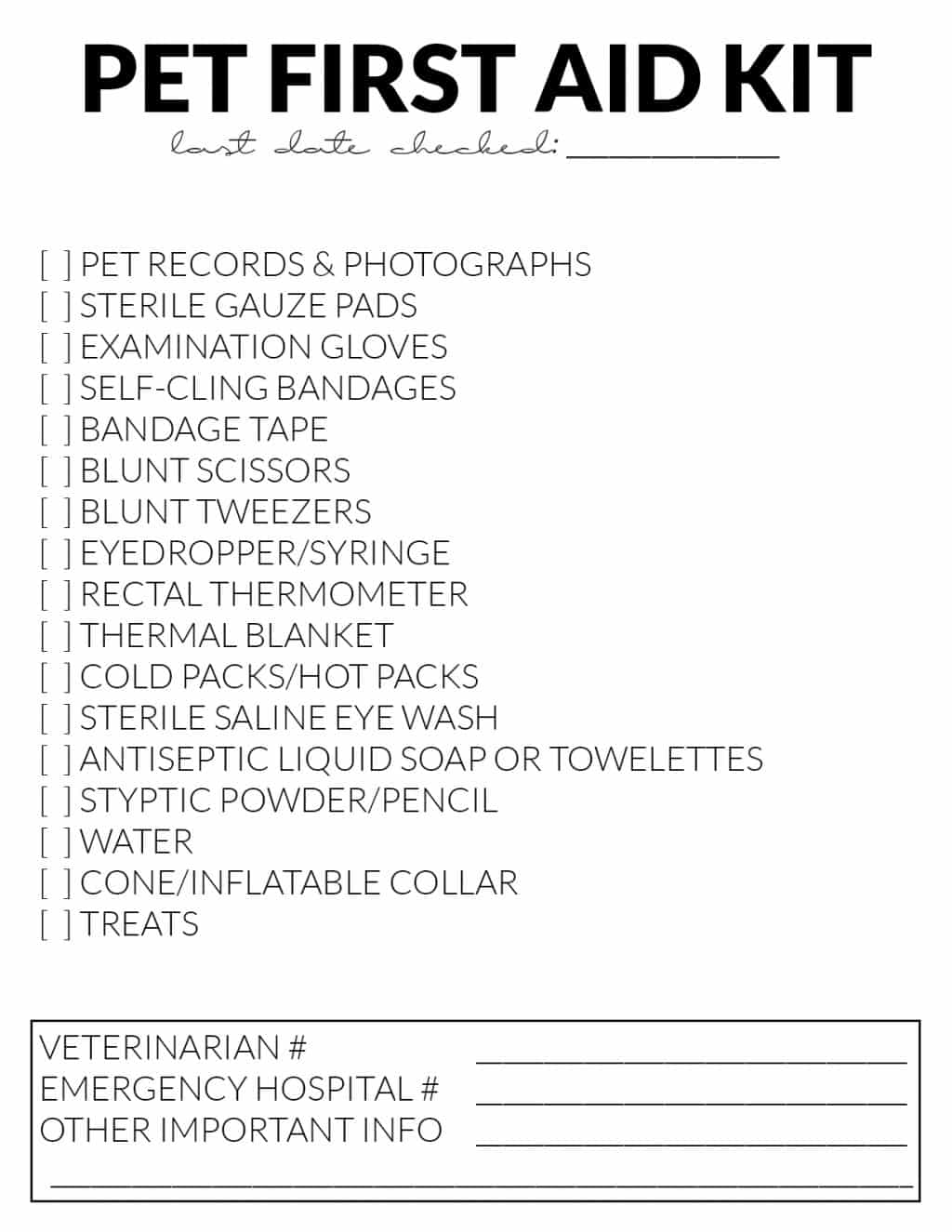 Pet First Aid Kit Printable