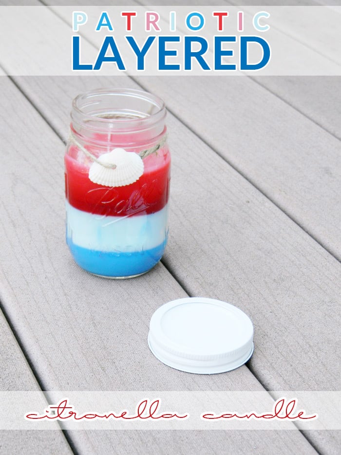 This patriotic layered citronella candle is perfect for Memorial Day, 4th of July, and Labor Day! Celebrate these patriotic holidays by keeping bugs away!