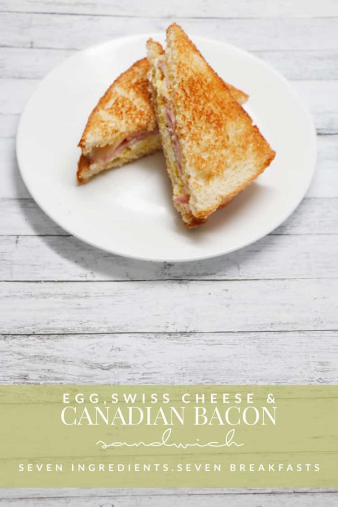 This Egg, Cheese and Canadian Bacon Sandwich is a part of seven easy breakfasts are made from only seven ingredients that you can find at nearly any grocery store. Easy, delicious + something for everyone!