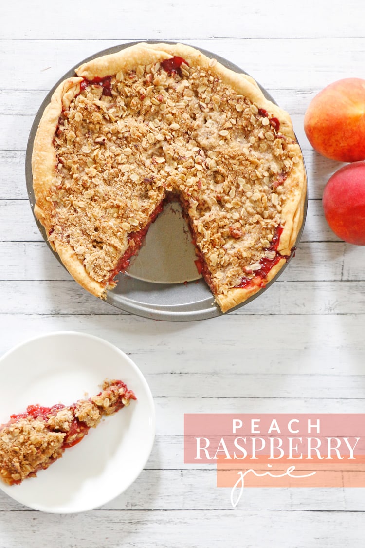 Peach Raspberry Pie - the perfect fruity blend of flavors with a scrumptious oatmeal and nut crumble topping. YUM!