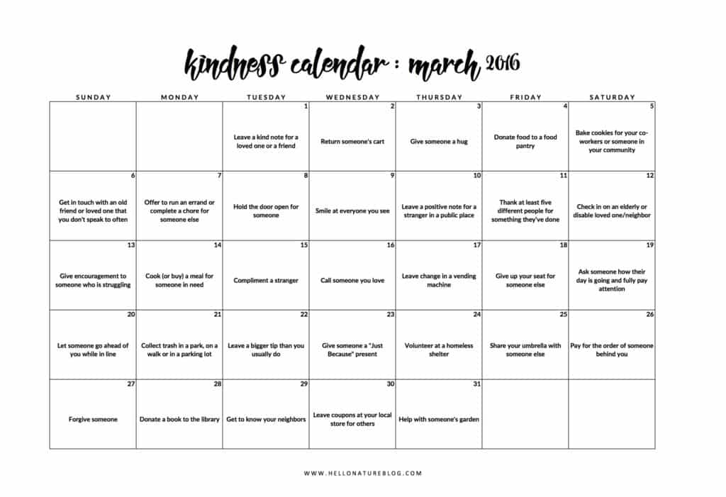 This March Kindness Calendar printable is the perfect way to lend a helping hand with 31 random acts of kindness.