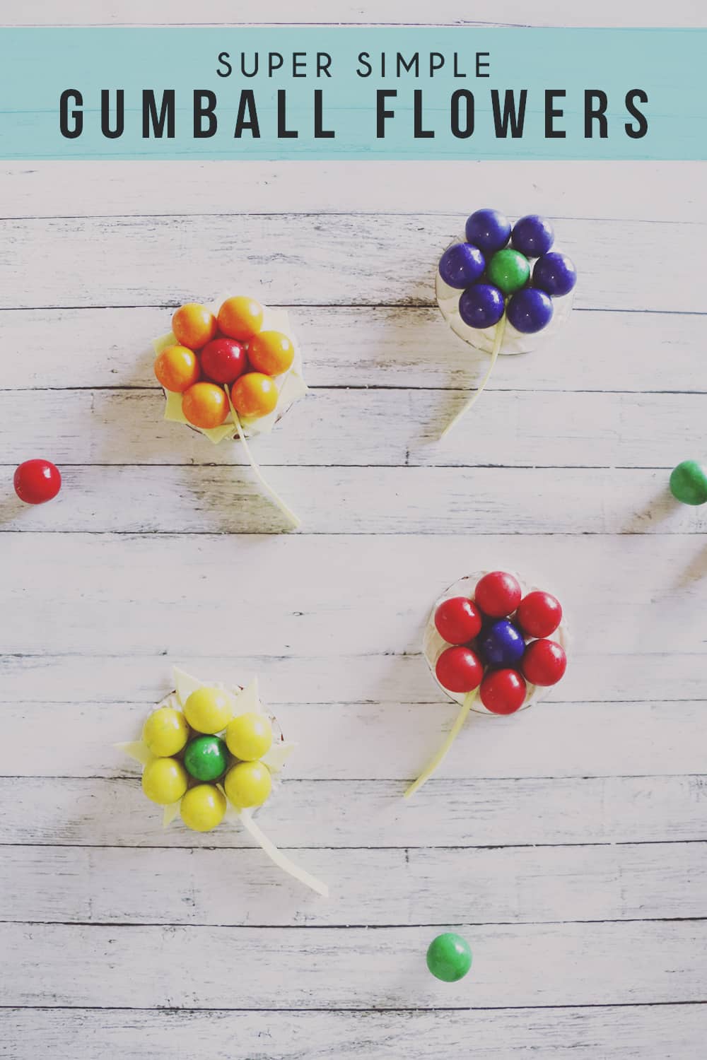 These super simple gumball flowers make the perfect Spring decor for your table! With their bright colors and sweet flavors, everyone will love them!