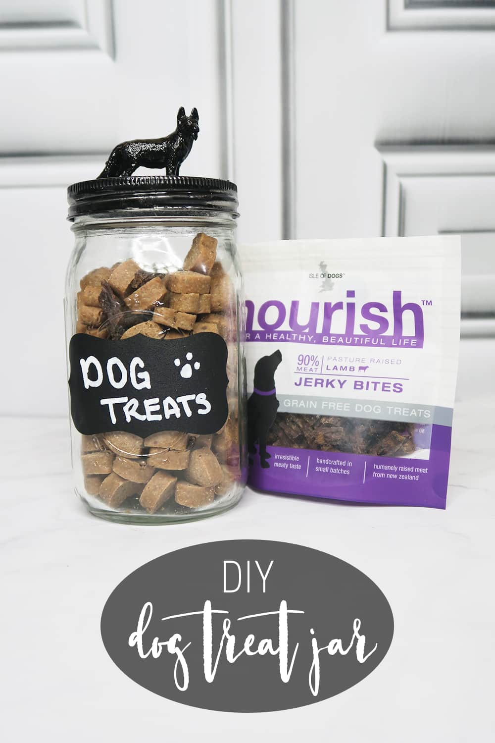 With just a few supplies, you can make this dog treat jar DIY. Keep for your furry friend or give it as a gift to a fellow dog lover!