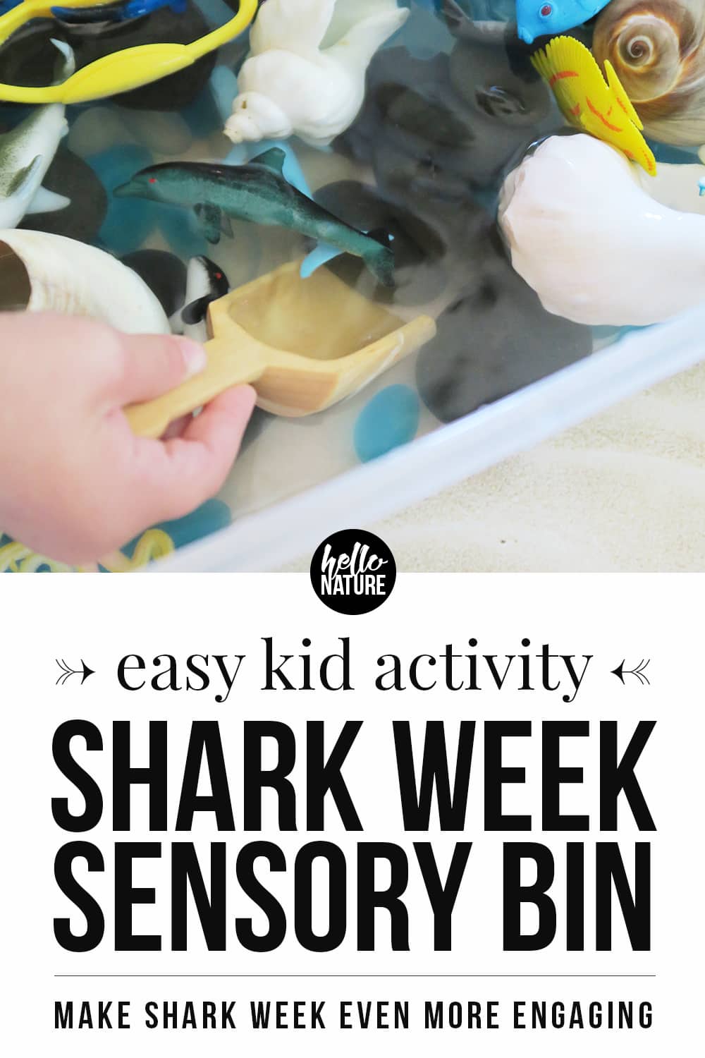 Need a fun indoor activity for your kids? Make this shark sensory bin! It's the perfect shark week activity for kids and it's a fintastic way to explore the ocean indoors! This is a toddler activity that can't be missed! #SensoryBin #ToddlerActivities #SharkWeek #IndoorActivities #IndoorToddlerActivities #RainyDayActivities