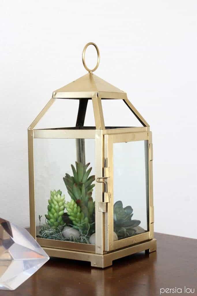 Fun DIY terrarium ideas. Lantern themed terrarium. Gold lantern with moss and succulents.
