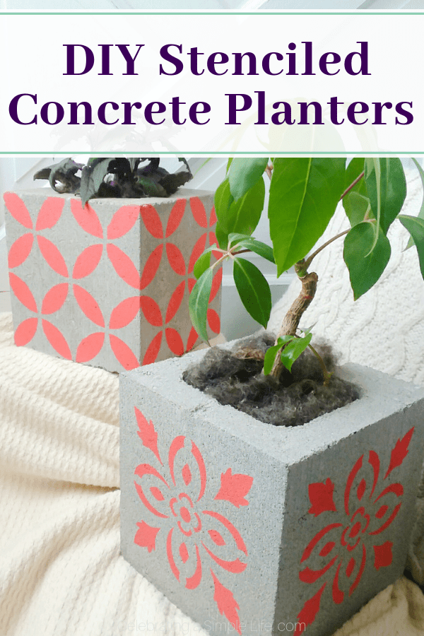 Concrete block planter with painted with stencils.