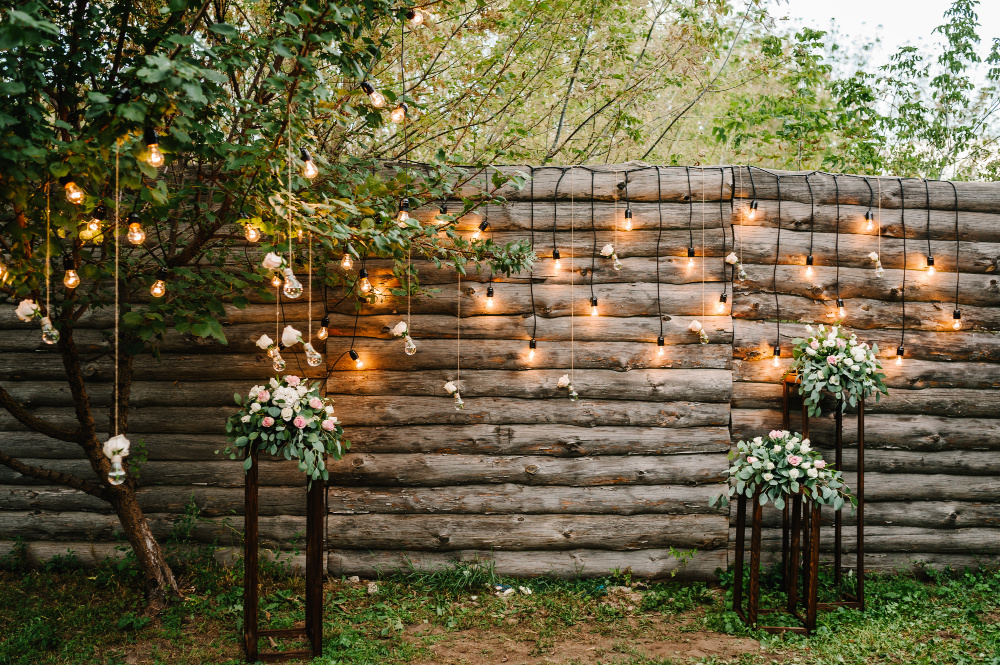 backyard decorated with lights